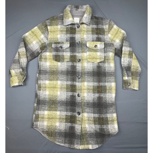 Joie Textured Plaid Shacket Jacket Medium Gray Green Yellow Cozy Fall Layer - Picture 1 of 7